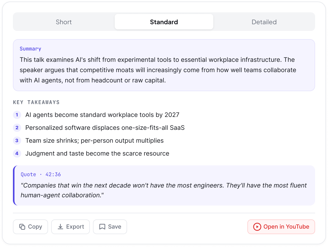 Video summary preview with modes, key takeaways, quote, and actions