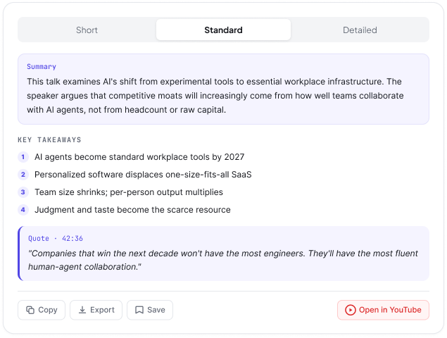 Video summary preview with modes, key takeaways, quote, and actions